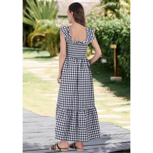 Gingham Print Plaid Smocked Spaghetti Straps Flouncy Long Dress in Navy Blue - Picture 5 of 6